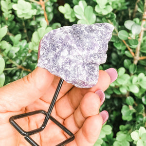 S1350 Raw Lepidolite crystal chunk stone on black metal stand australia.crystals australia. Lepidolite stand australia.gemrox sydney 1