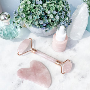 S810 Rose Quartz crystal stone gua sha and face roller duo beauty set australia. natural rose quartz stone beauty tools australia. gemrox sydney 1