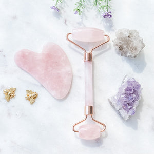 S810 Rose Quartz crystal stone gua sha and face roller duo beauty set australia. natural rose quartz stone beauty tools australia. gemrox sydney 1