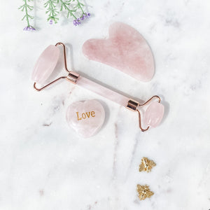 S810 Rose Quartz crystal stone gua sha and face roller duo beauty set australia. natural rose quartz stone beauty tools australia. gemrox sydney 1