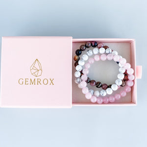 Rose Quartz White Howlite Rhodonite Crystal Bracelet Set of 3 gift pack box gemrox australia