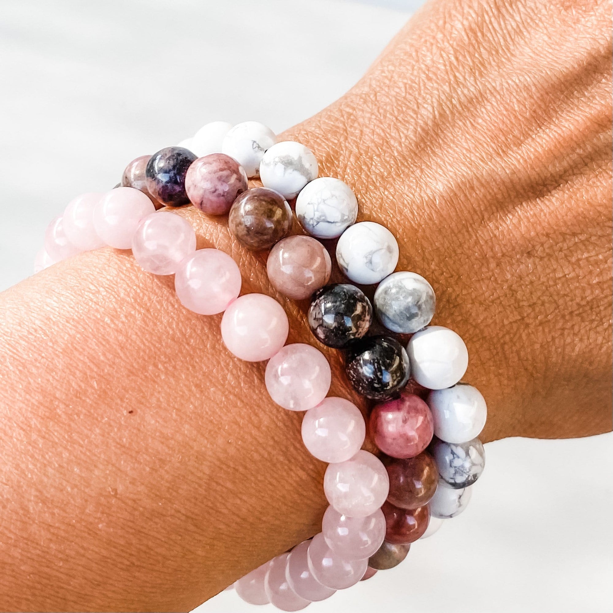 Rose Quartz White Howlite Rhodonite Crystal Bracelet Set of 3 gift pack box gemrox australia