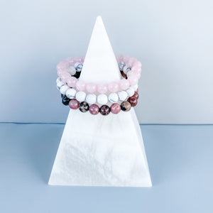 Rose Quartz White Howlite Rhodonite Crystal Bracelet Set of 3 gift pack box gemrox australia