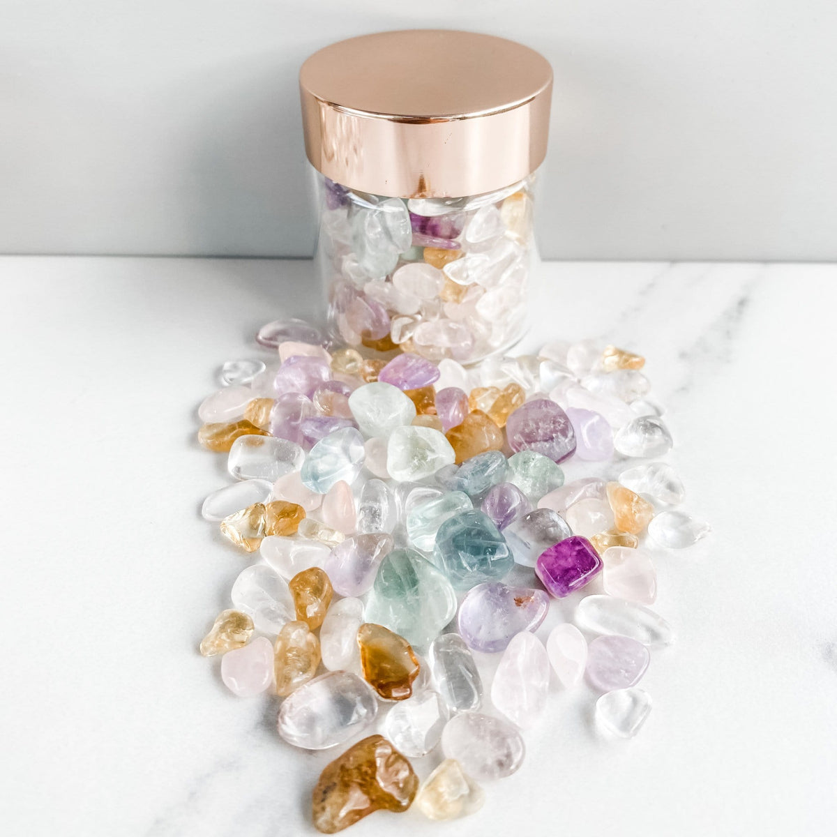 S958 Crystal Chip Stones in Glass Jar Rose Quartz Amethyst Fluorite Citrine Clear Quartz Gemrox Australia