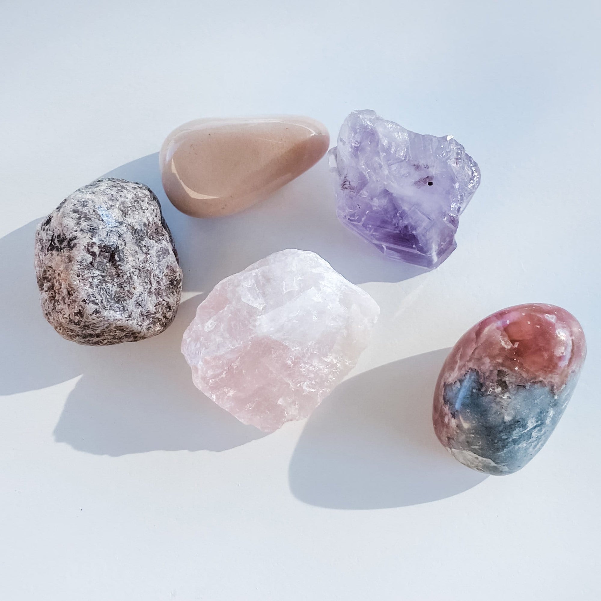 more self love rocks stones rhodonite rhodochrosite moonstone amethyst rose quartz tumbled stone crystal kit australia