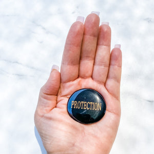 Black Obsidian Engraved Word Palmstone &#39;PROTECTION&#39;-4cm