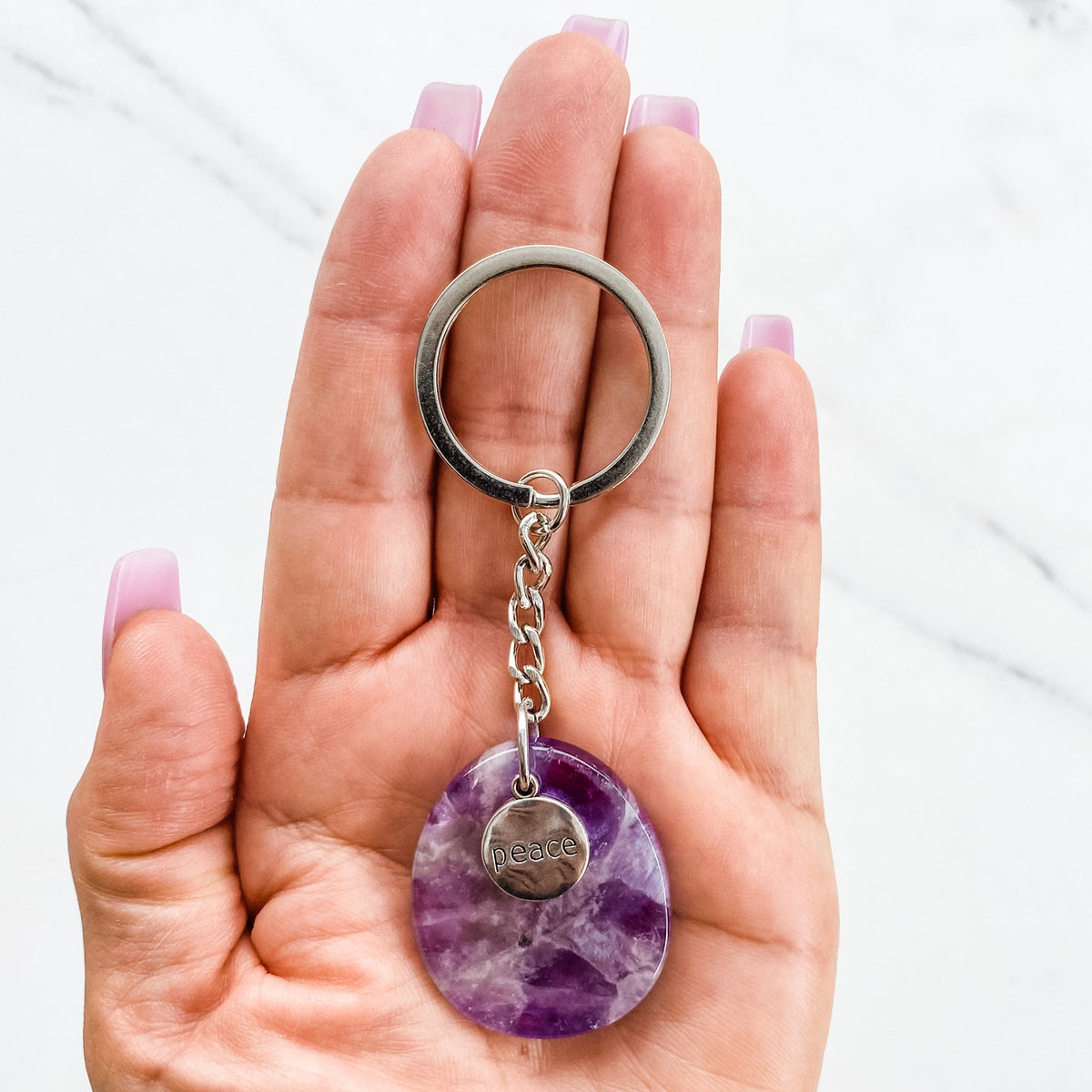 s1157 amethyst crystal stone key ring key chain australia. amethyst peace worded keychain polished stone keyring .crystals australia.gemrox sydney 1