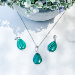 s1383 malachite crystal tear drop shape stone pendant necklace 42cm silver stainless steel australia gemrox sydney 1