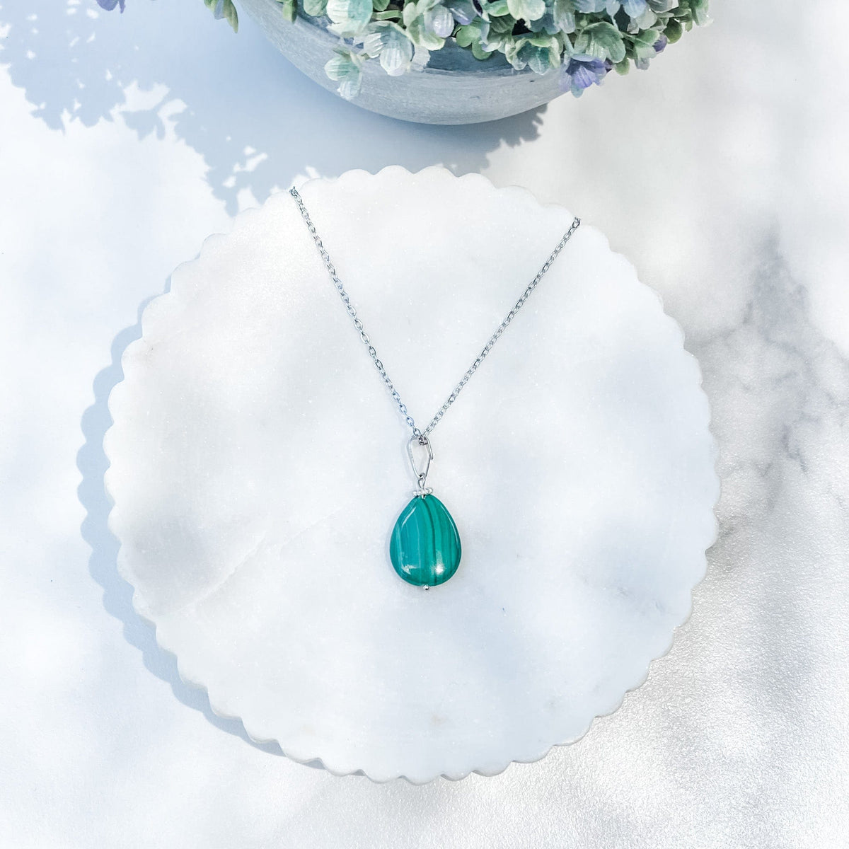 s1383 malachite crystal tear drop shape stone pendant necklace 42cm silver stainless steel australia gemrox sydney 1