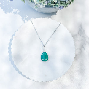 s1383 malachite crystal tear drop shape stone pendant necklace 42cm silver stainless steel australia gemrox sydney 1