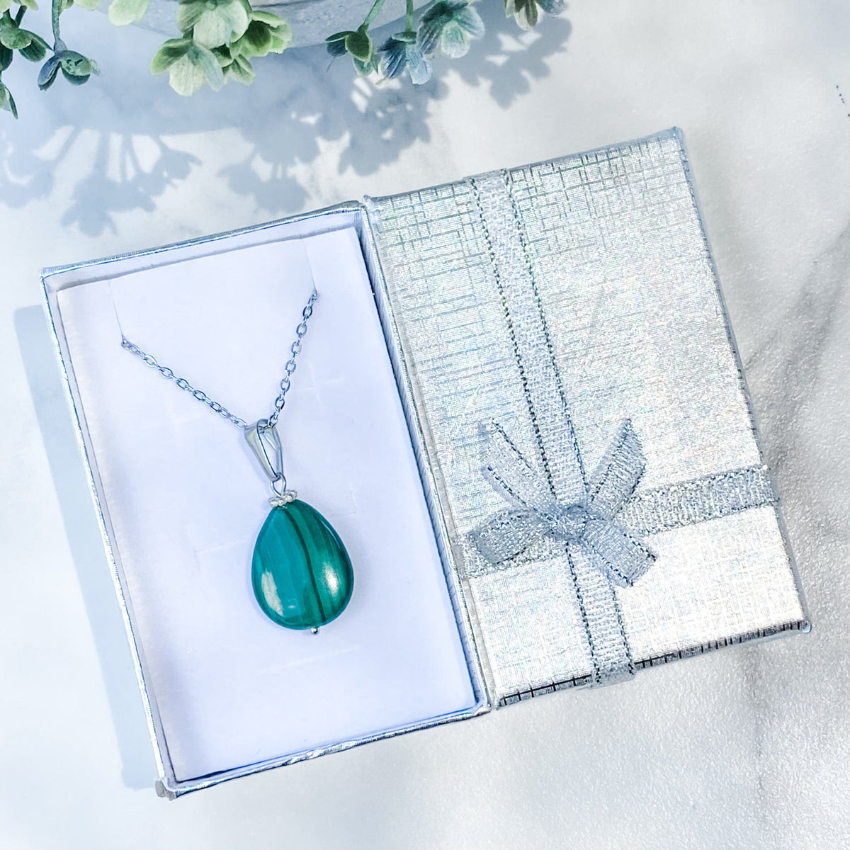 s1383 malachite crystal tear drop shape stone pendant necklace 42cm silver stainless steel australia gemrox sydney 1