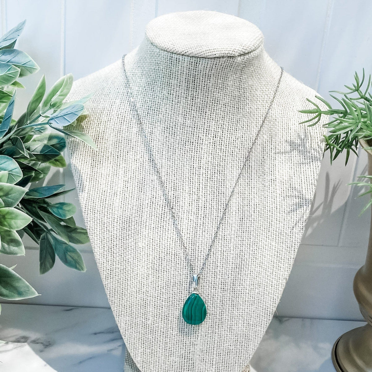 s1383 malachite crystal tear drop shape stone pendant necklace 42cm silver stainless steel australia gemrox sydney 1