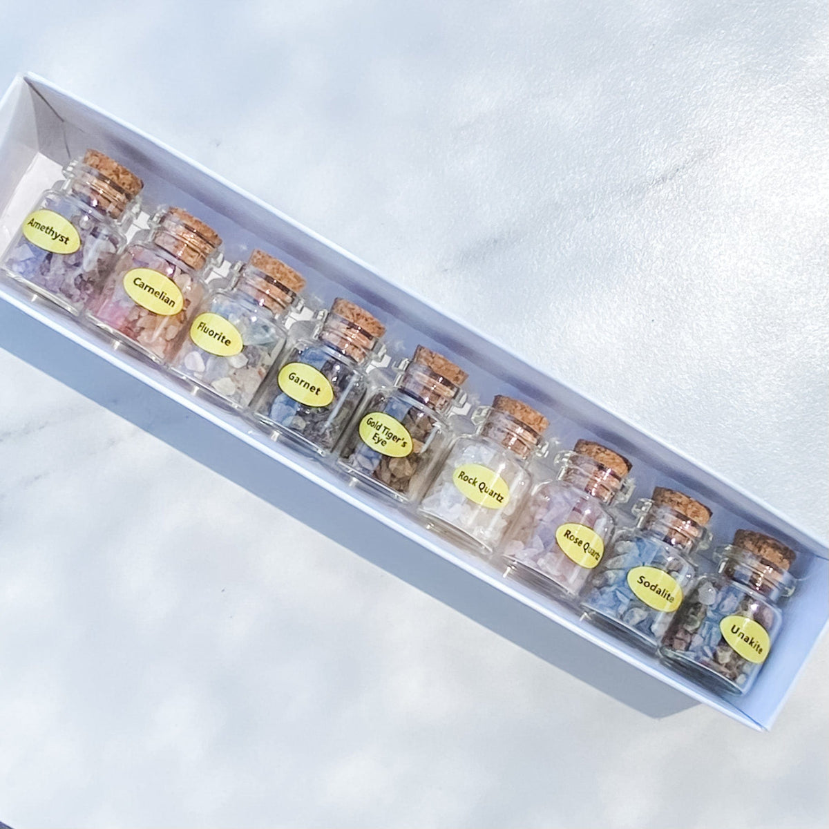 s1395 crystal chip raw stones in glass bottles with labels in gift box australia gemrox sydney 1