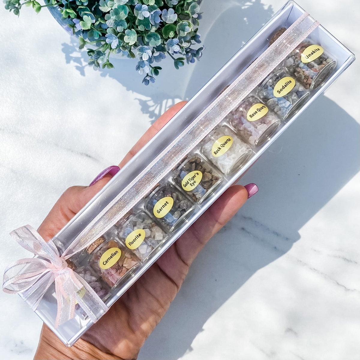 s1395 crystal chip raw stones in glass bottles with labels in gift box australia gemrox sydney 1