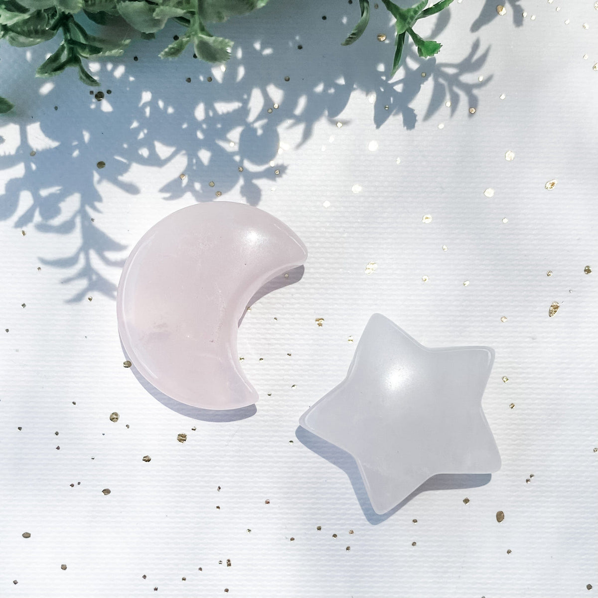 s1472 pink rose quartz moon and star shaped crystal stone set of 2 australia. carved moon and carved star shaped rose quartz stone australia.gemrox sydney 1