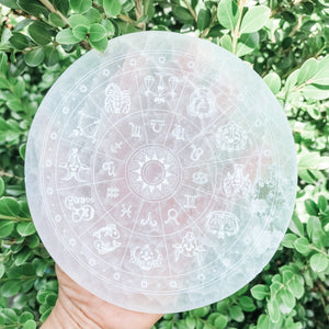 s1497 selenite zodiac etched charging cleansing plate 14cm australia.zodiac selenite plate australia.gemrox sydney 1