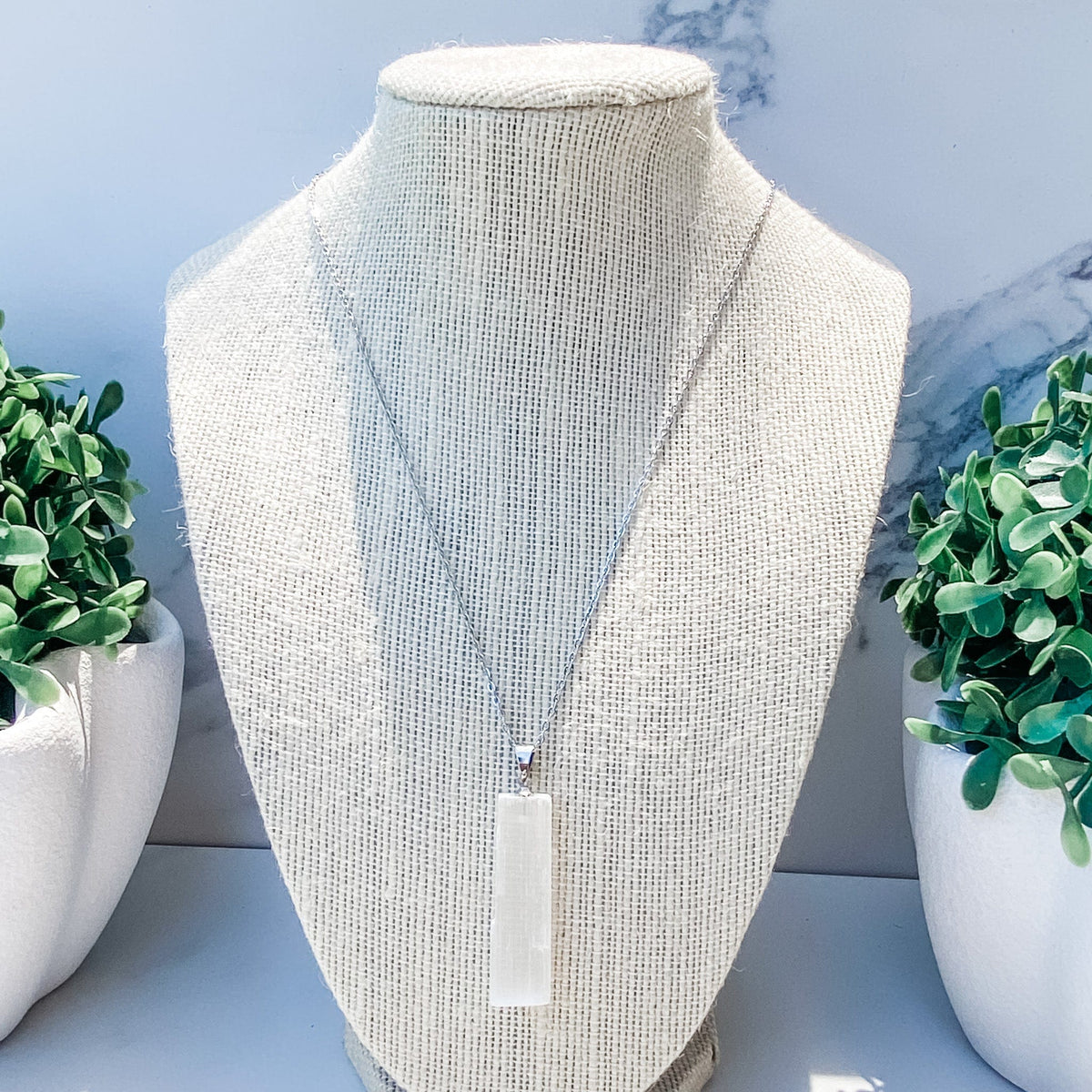 s1561 white selenite crystal raw stone bar pendant necklace silver 45cm australia. selenite crystal jewellery australia. crystal shop sydney gemrox crysals 1