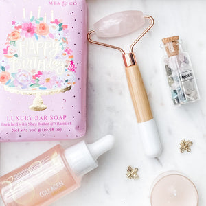 s1588 happy birthday crystal and beauty gift pack present australia. rose quartz bamboo facial tool with serum duo pack australia 1