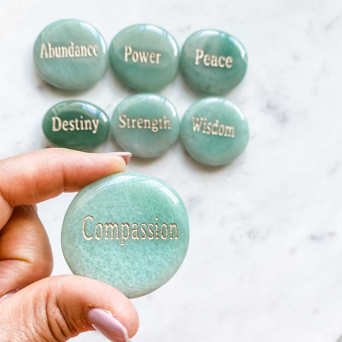 green aventurine crystal engraved inspirational palmstone compassion australia