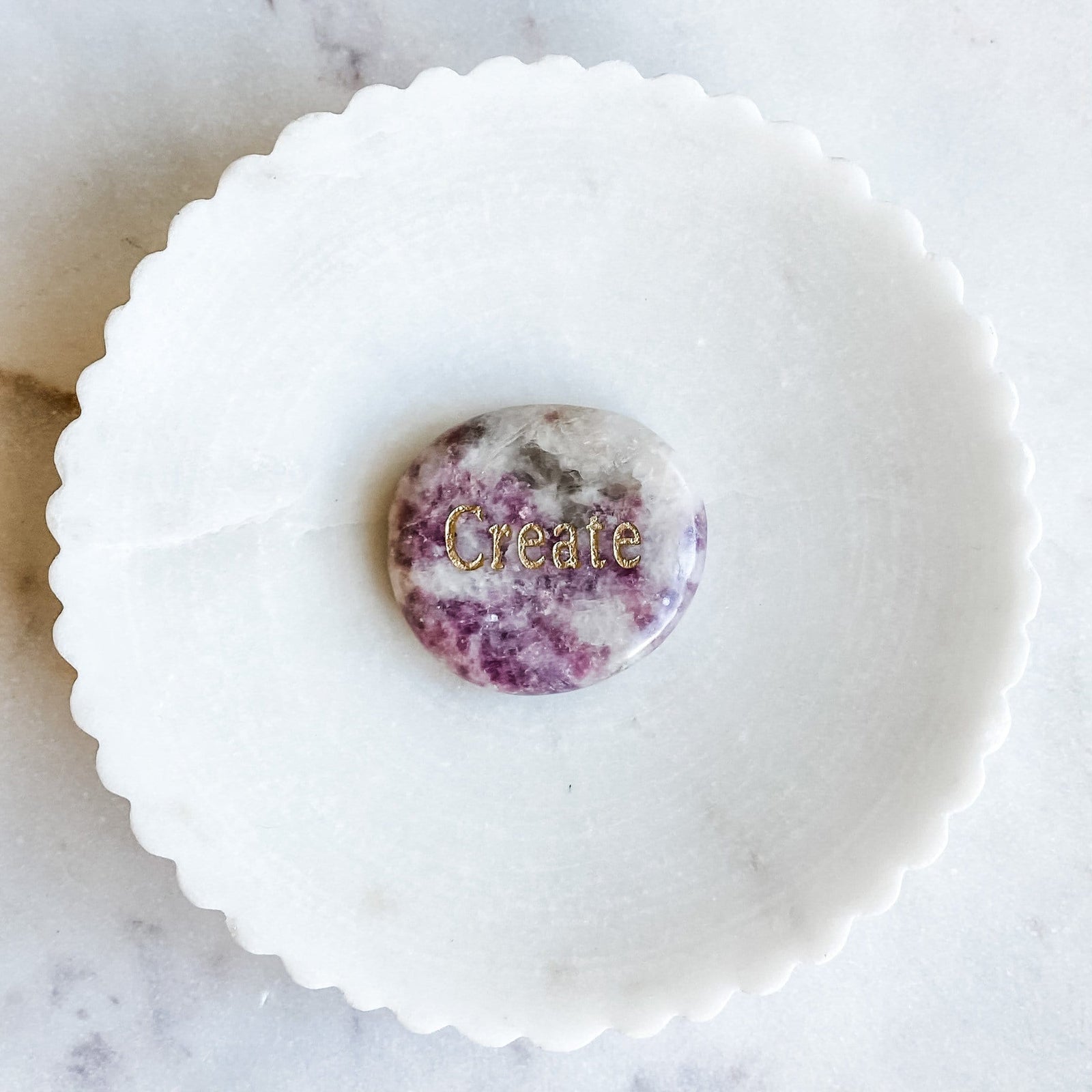 pink lepidolite engraved word inspirational create meditation palmstone