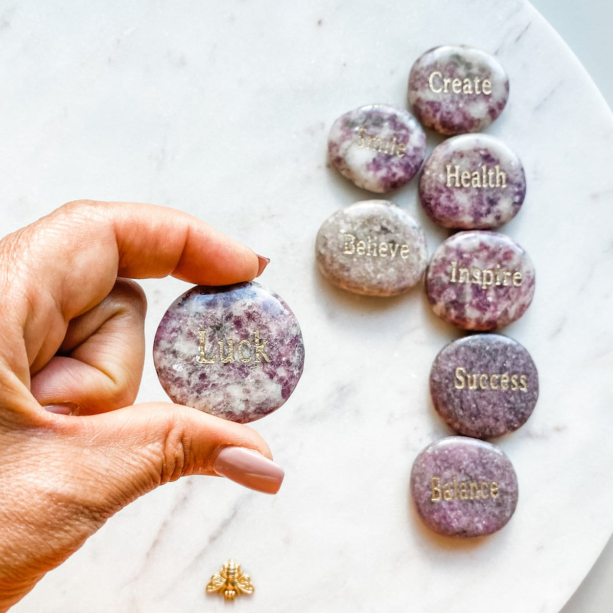 pink lepidolite crystal engraved word luck inspirational meditation palmstone australia