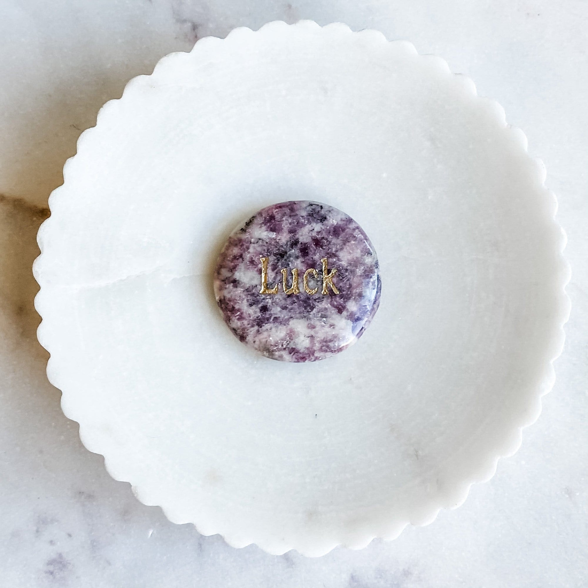 pink lepidolite crystal engraved word luck inspirational meditation palmstone australia