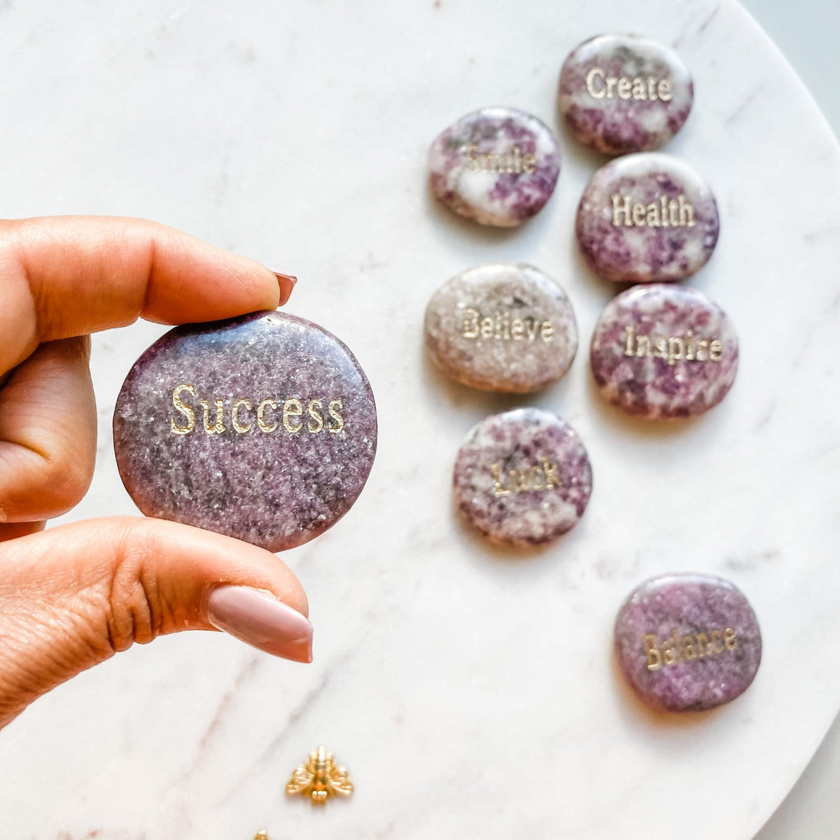 pink lepidolite crystal engraved word success inspirational meditation palmstone australia