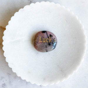 rhodonite crystal engraved word luck inspirational palmstone australia