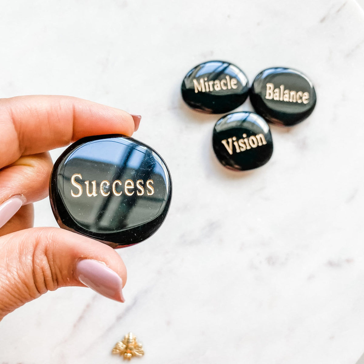 Black onyx inspirational engraved word palmstone success