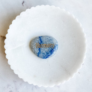 blue aventurine engraved inspirational word palmstone HARMONY
