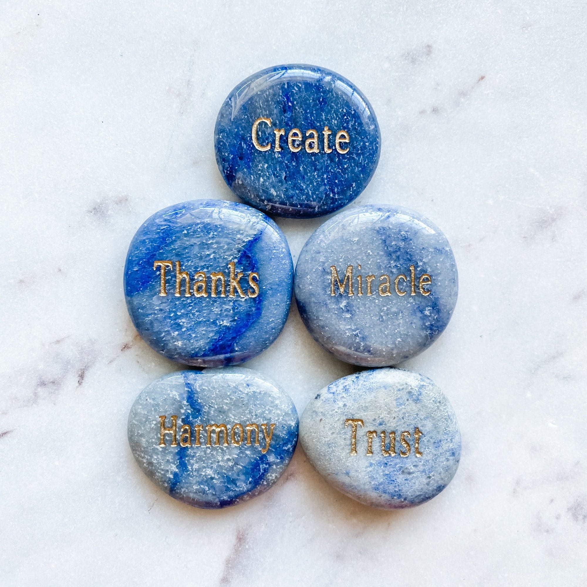 blue aventurine engraved inspirational word palmstone HARMONY