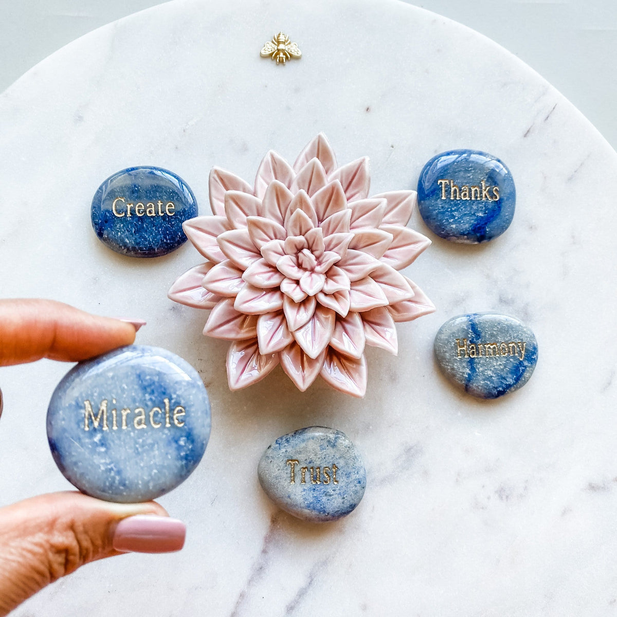 blue aventurine engraved word inspirational palmstone MIRACLE